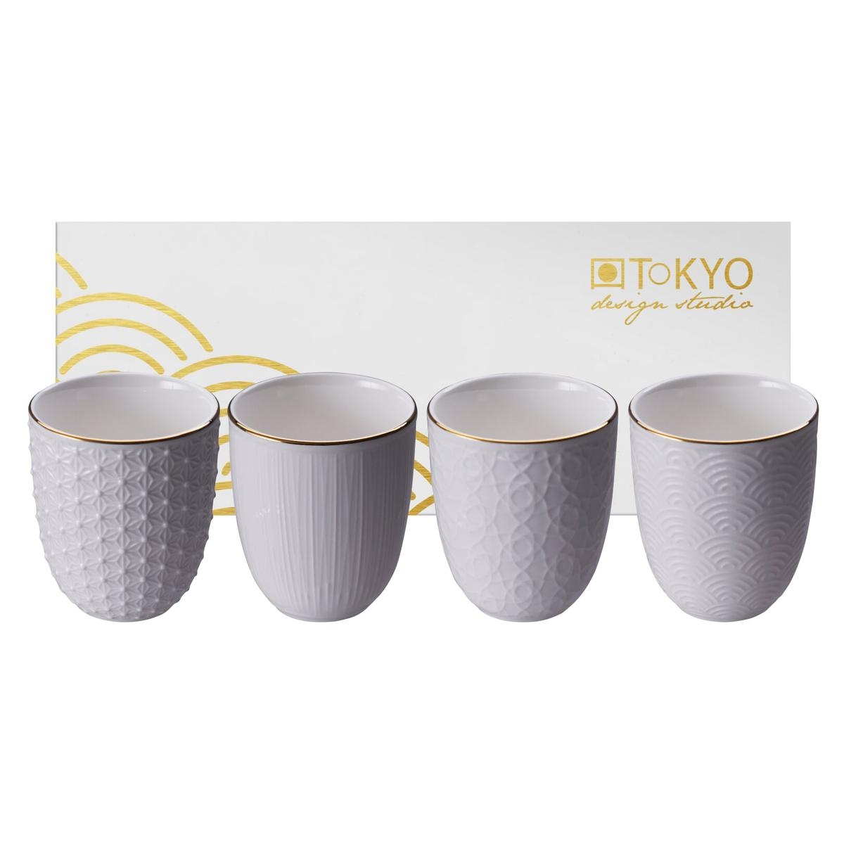 TOKYO design studio Nippon White Set 4 Tazze Bianco con piattini con Bordo in Oro Design Giapponese Confezione Regalo incl. Porcellana Asiatica 100 ml Altezza 4,6 cm Ø 7,7 cm 